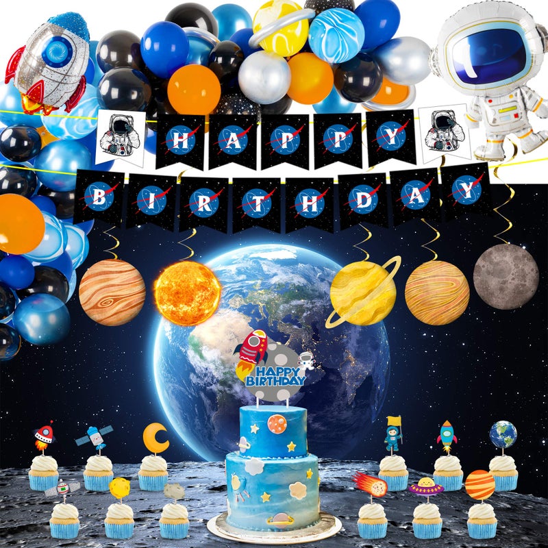 DMIGHT Outer Space Party Supplies, 87Pcs Party Decorations - Rocket Balloons, Solar System Swirl Decorations, Cupcake Toppers, Astronaut Birthday Banner, Backdrops - Image 1